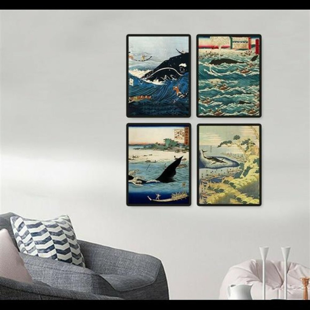 Japanese Japan Whales Hiroshige Woodcut Wall Art Decor Set of 4 Print 8.5x11